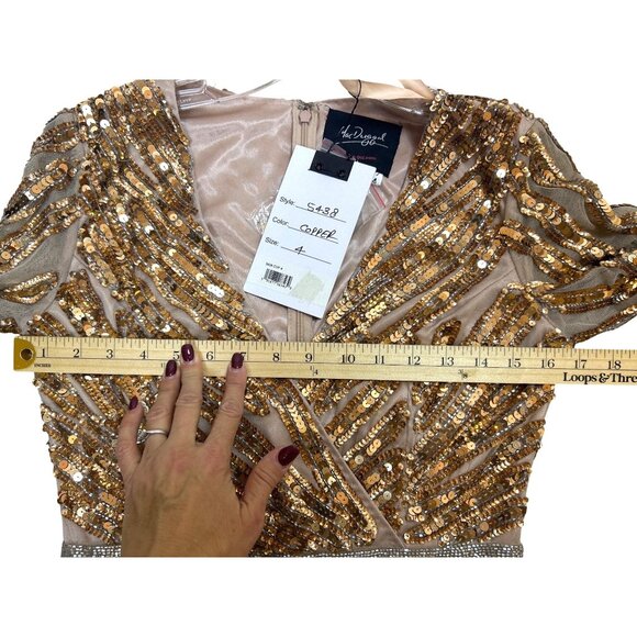 Mac Duggal Gold Copper Evening Gown V-Neck Sequins Long Sleeve Wedding Formal - Picture 10 of 15